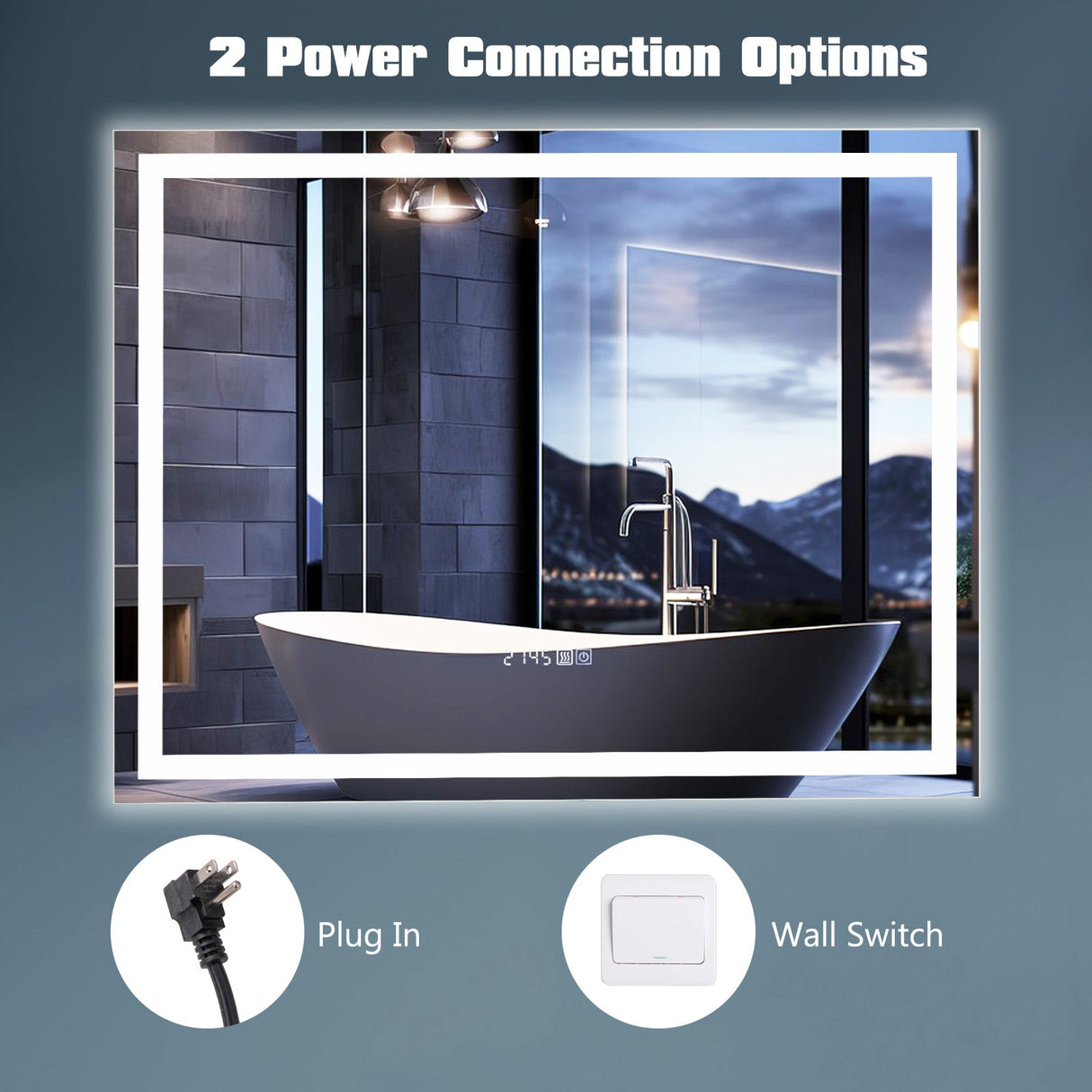 Espejo de baño LED rectangular montado en la pared con luces regulables de 3 colores