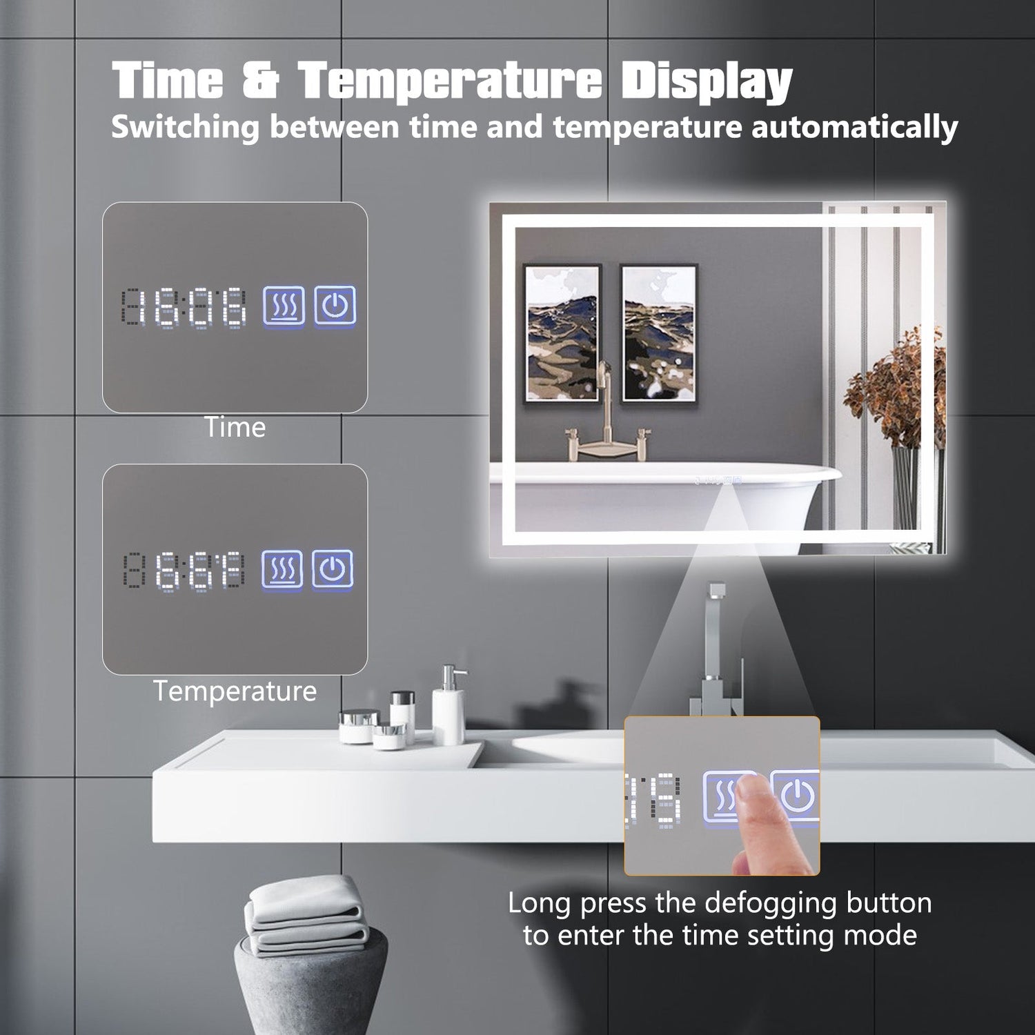 Espejo de baño LED rectangular montado en la pared con luces regulables de 3 colores