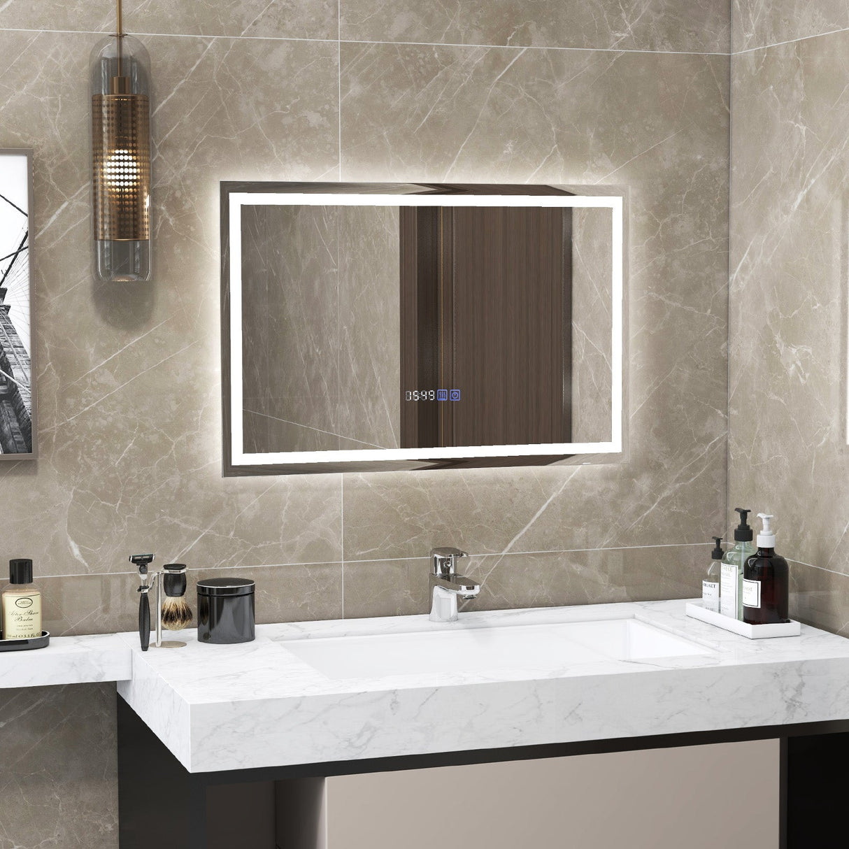 Espejo de baño LED rectangular montado en la pared con luces regulables de 3 colores