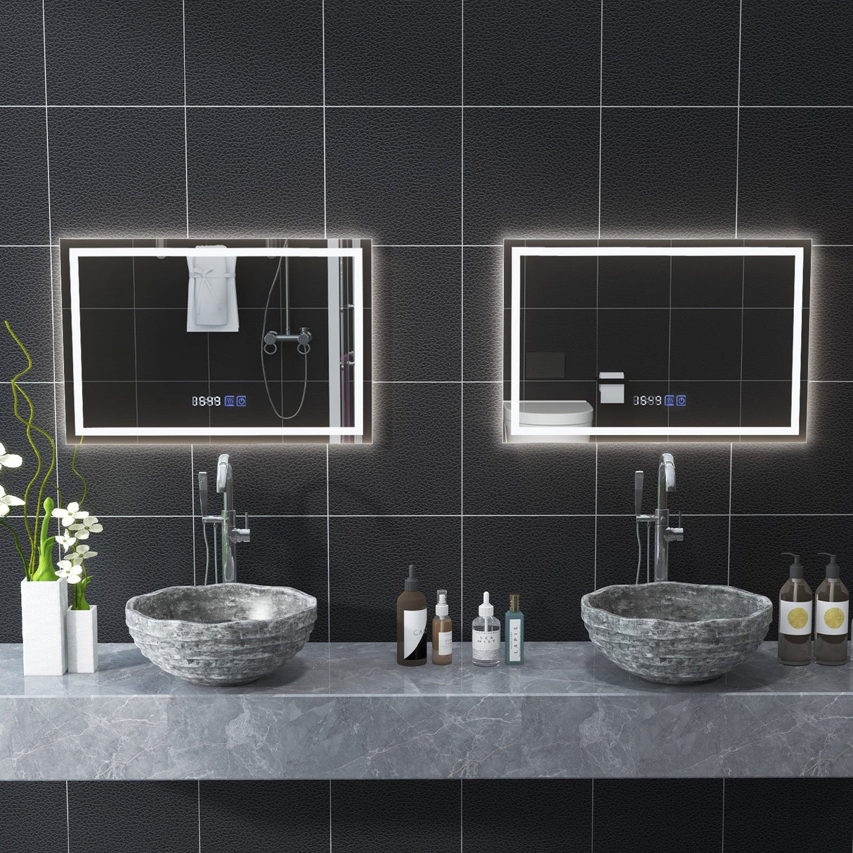 Espejo de baño LED rectangular montado en la pared con luces regulables de 3 colores
