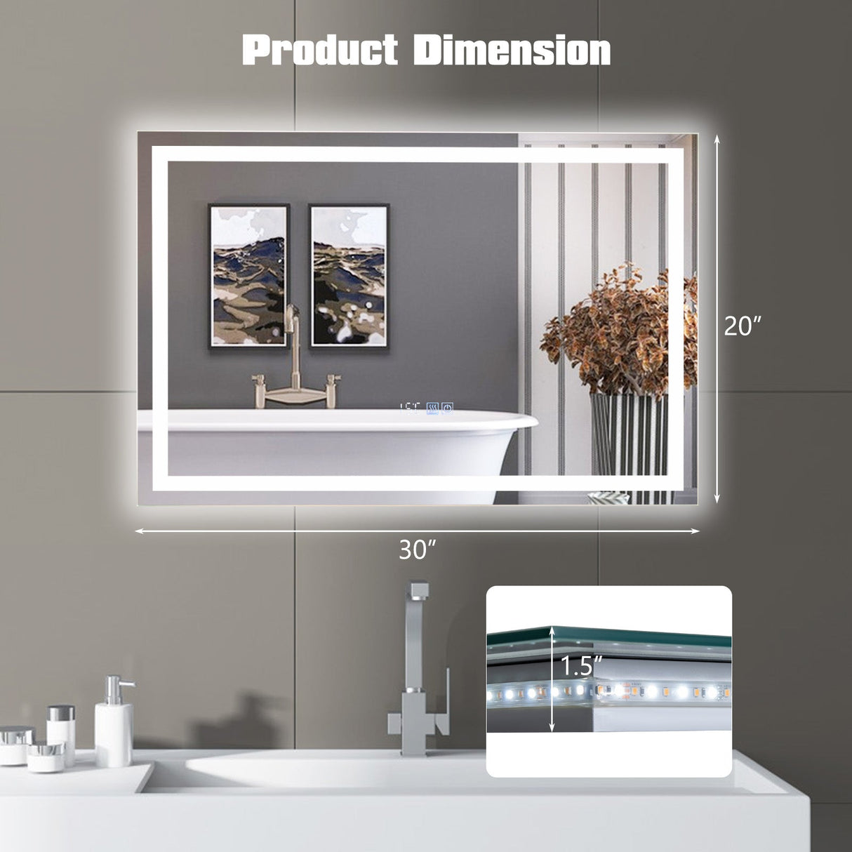 Espejo de baño LED rectangular montado en la pared con luces regulables de 3 colores