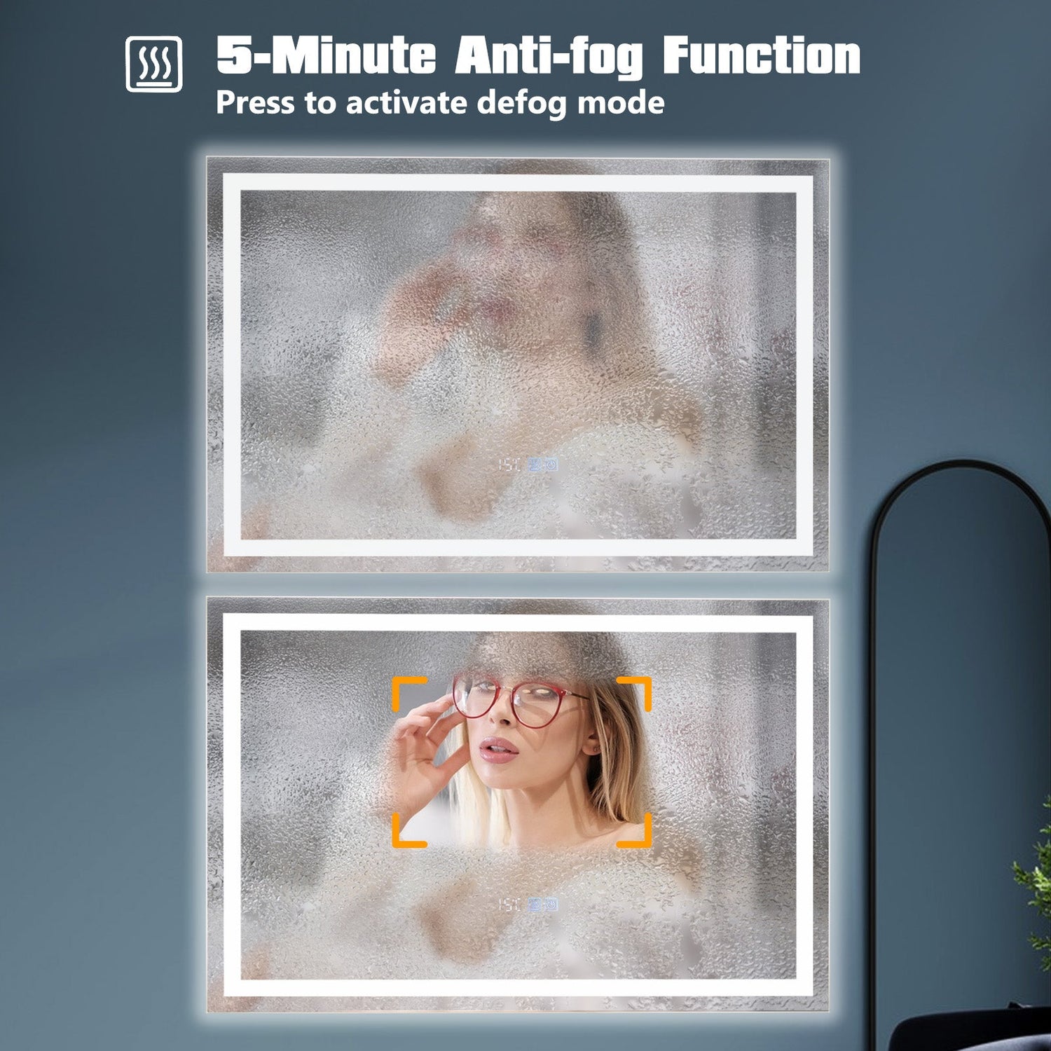 Espejo de baño LED rectangular montado en la pared con luces regulables de 3 colores