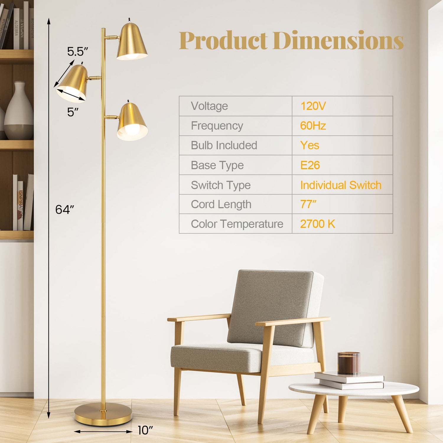 Lámpara de pie LED de 3 luces de 64 pulgadas, luz de lectura para sala de estar o dormitorio