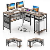 L-Shaped Computer Desk with Charging Station and Adjustable Shelf-Gray