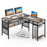 L-Shaped Computer Desk with Charging Station and Adjustable Shelf-Gray