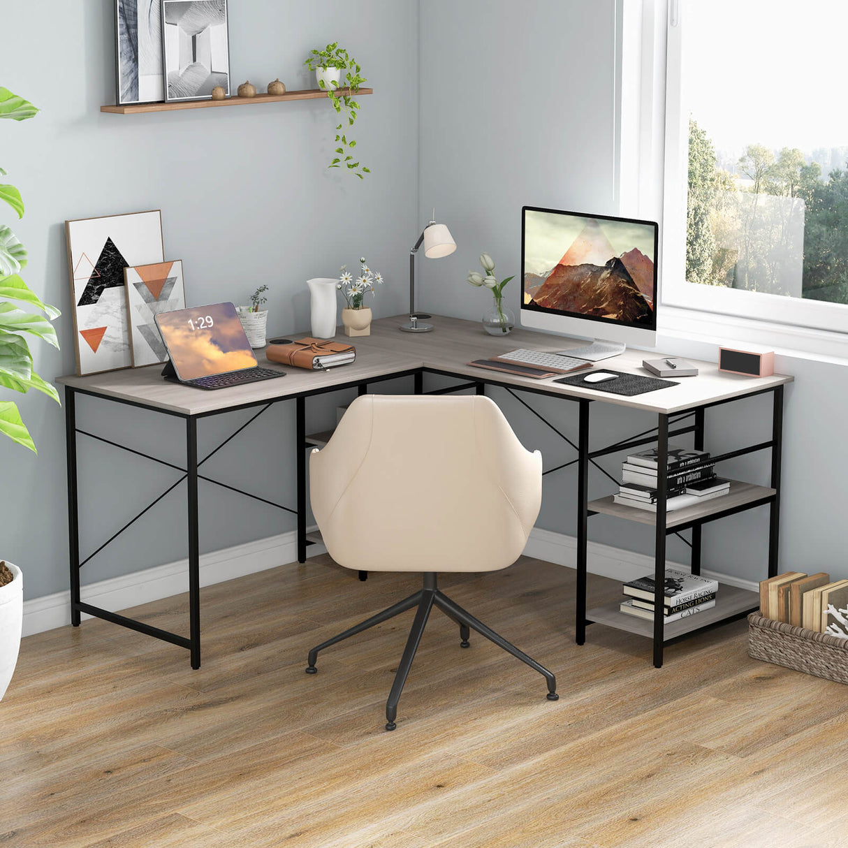 L Shaped Computer Desk with 4 Storage Shelves and Cable Holes