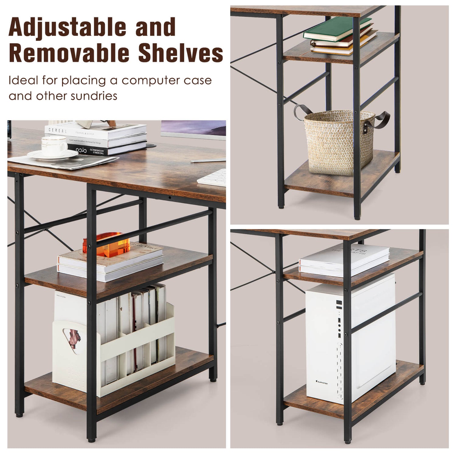 L Shaped Computer Desk with 4 Storage Shelves and Cable Holes