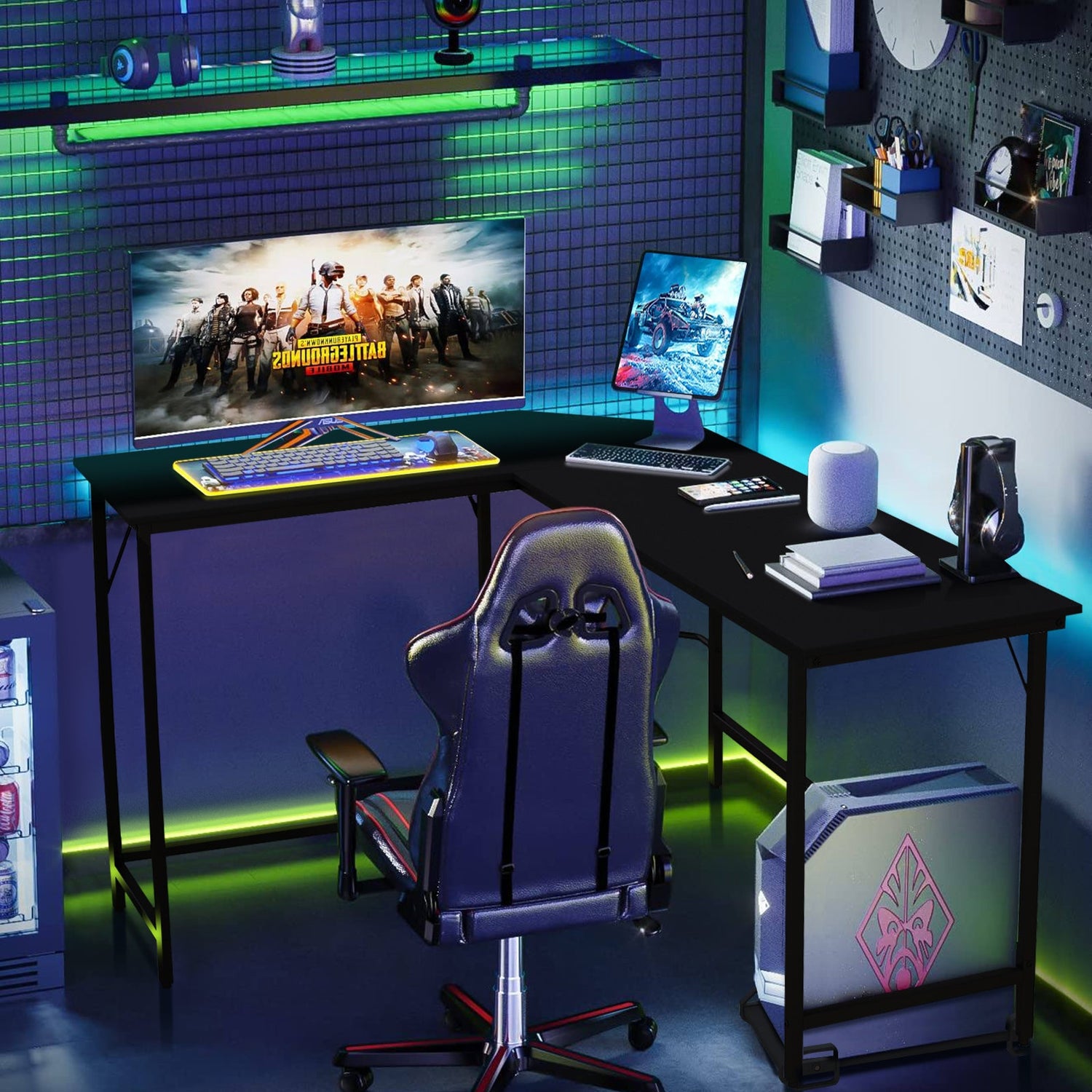 L-Shaped Computer Desk with CPU Stand Power Outlets and USB Ports