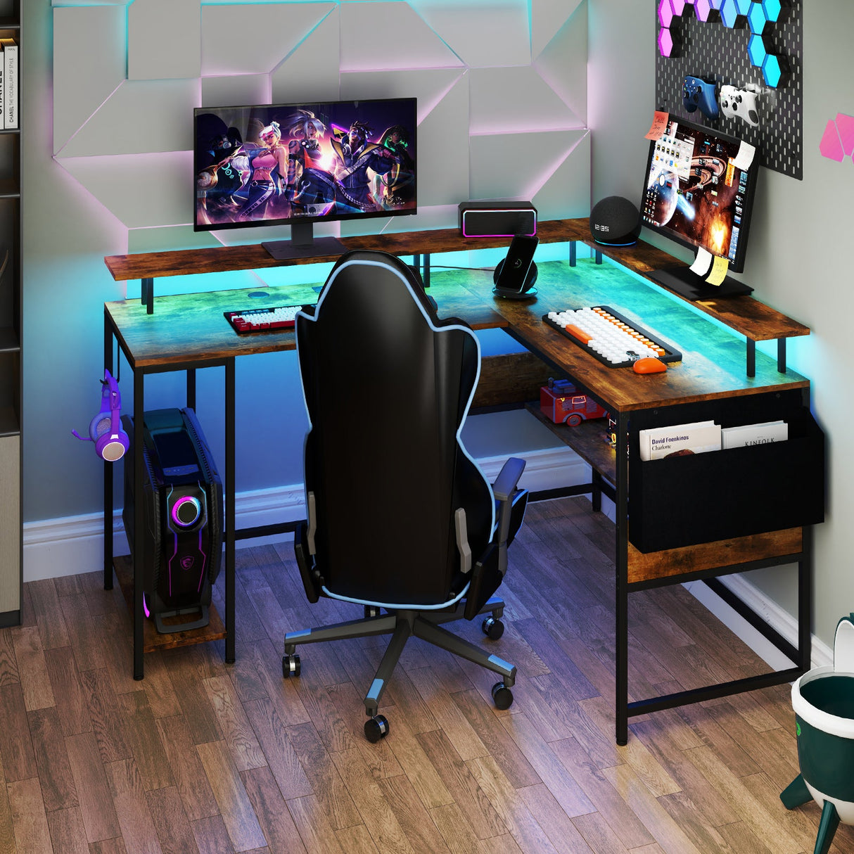 Escritorio de juegos en forma de L con luces LED y tomas de corriente Escritorio de ordenador para oficina en casa