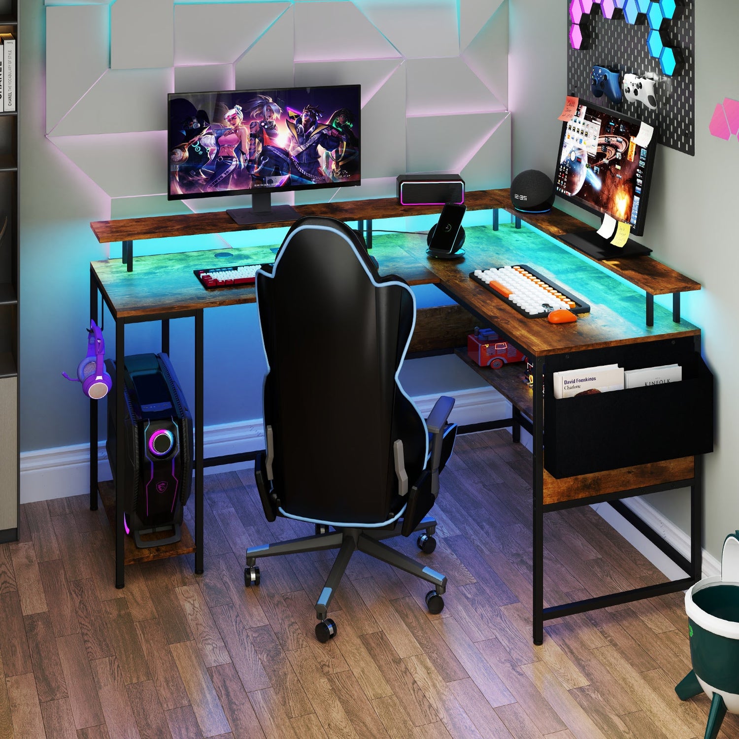 Escritorio de juegos en forma de L con luces LED y tomas de corriente Escritorio de ordenador para oficina en casa