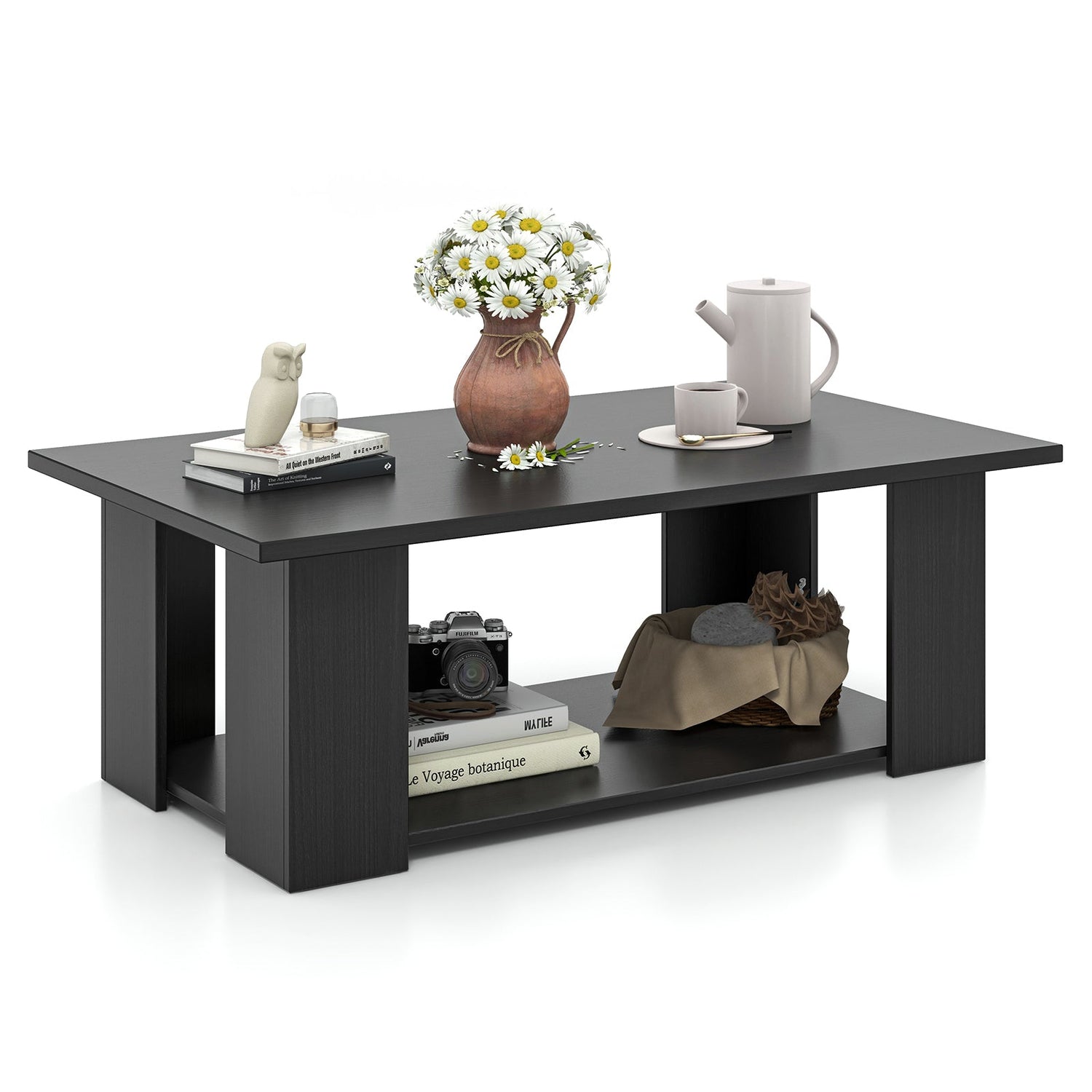 Mesa de centro moderna de madera de 2 niveles, grande, de 36/41 pulgadas, con estante de almacenamiento - Negro