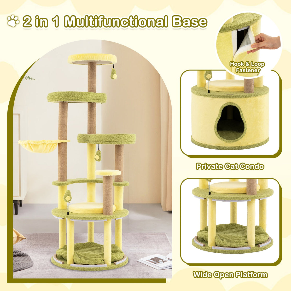 Árbol para Gatos Grande de Aguacate, Torre para Gatos de Varios Niveles con Condominio Privado-Verde