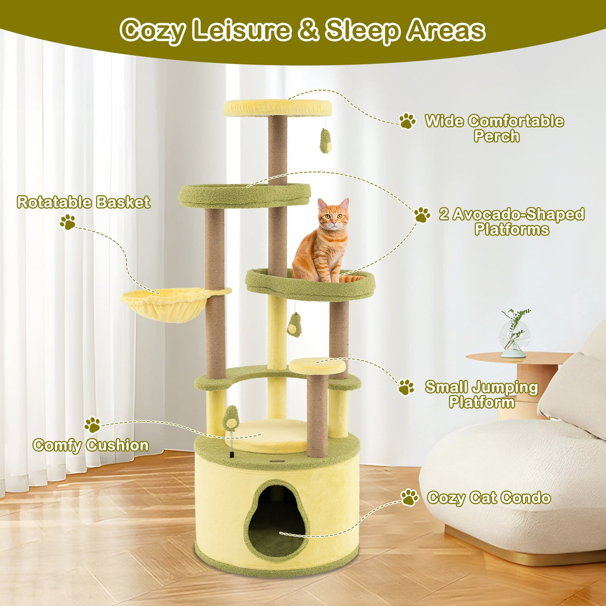Árbol para Gatos Grande de Aguacate, Torre para Gatos de Varios Niveles con Condominio Privado-Verde