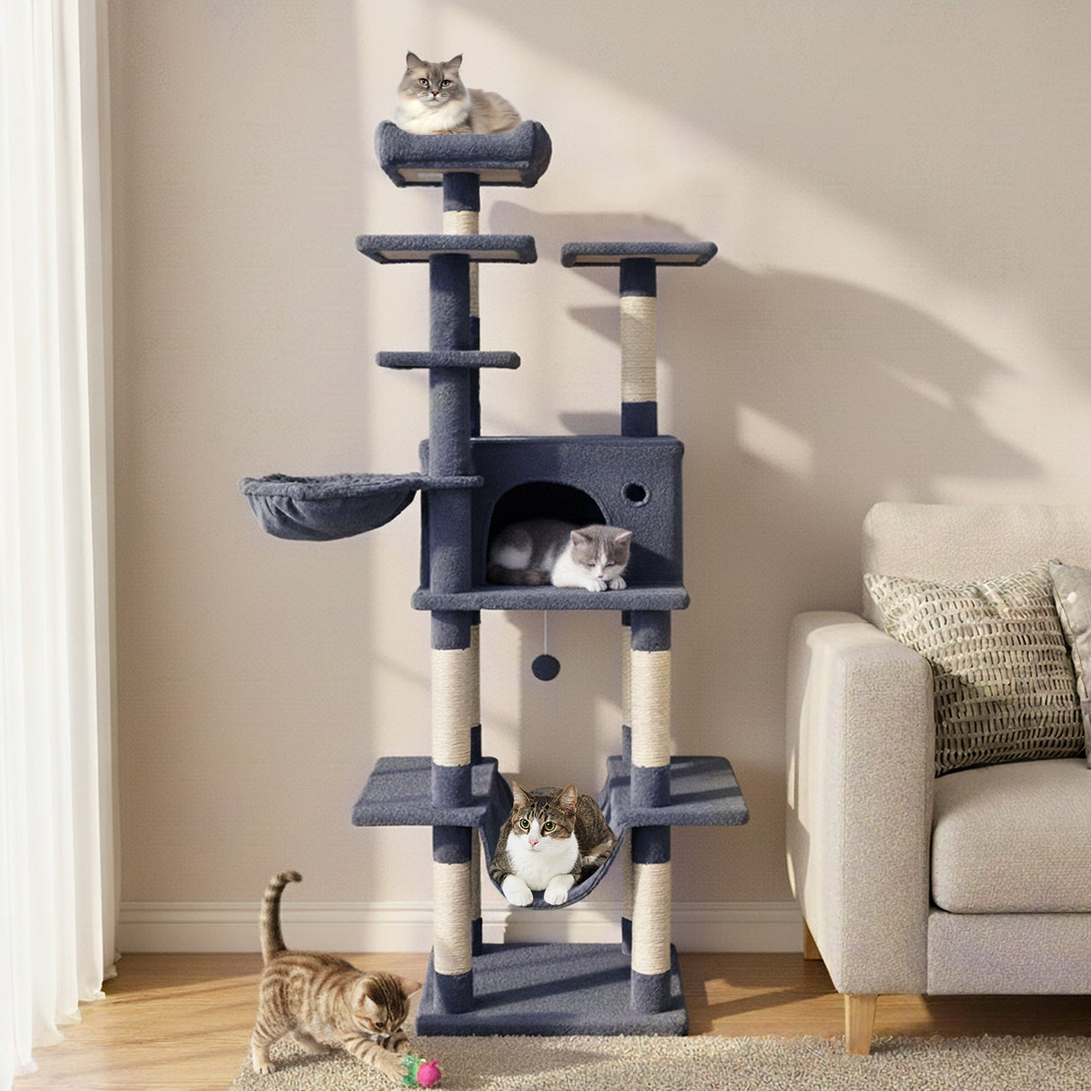 Árbol rascador grande para gatos de interior, torre para gatos de 160 cm de altura