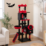 Árbol Rascador Gótico Grande con Condominios para Gatos y Perchas de Peluche-Negro y Rojo
