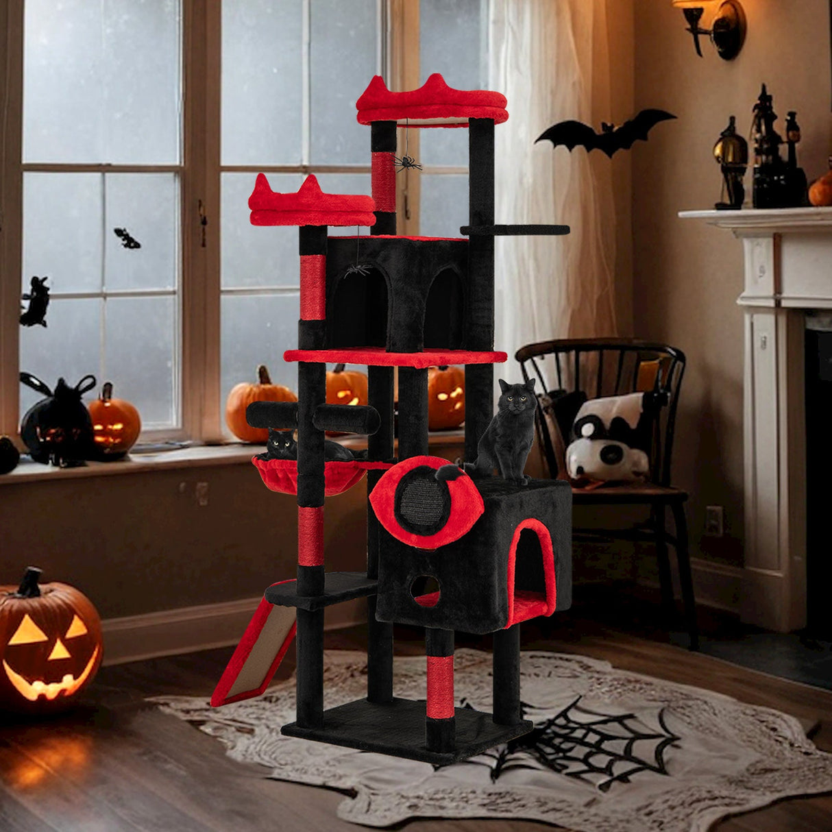 Árbol Rascador Gótico Grande con Condominios para Gatos y Perchas de Peluche-Negro y Rojo