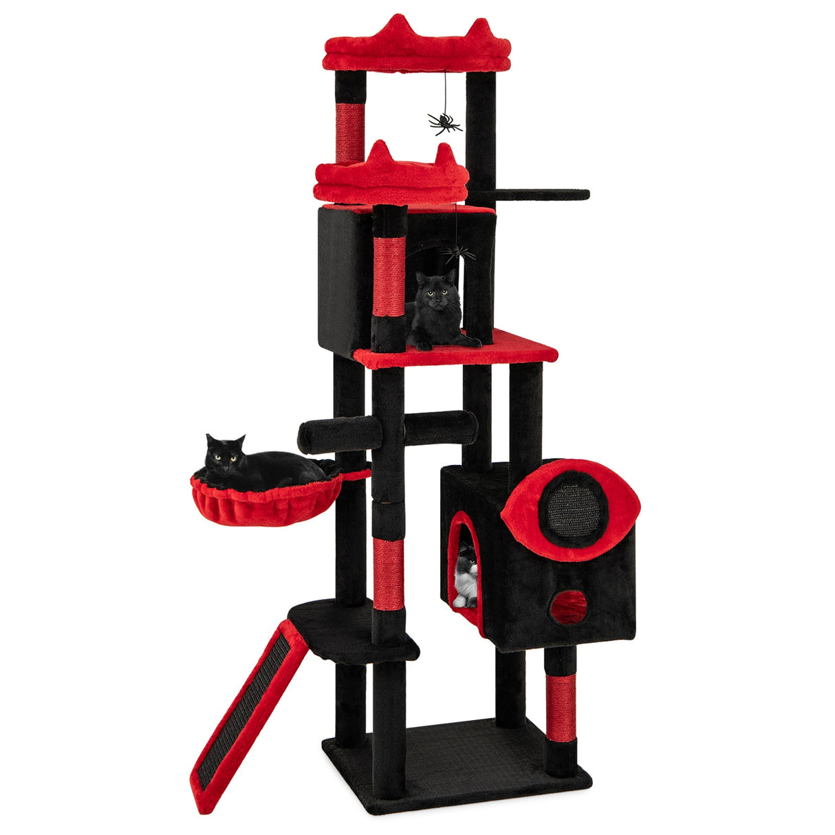 Árbol Rascador Gótico Grande con Condominios para Gatos y Perchas de Peluche-Negro y Rojo
