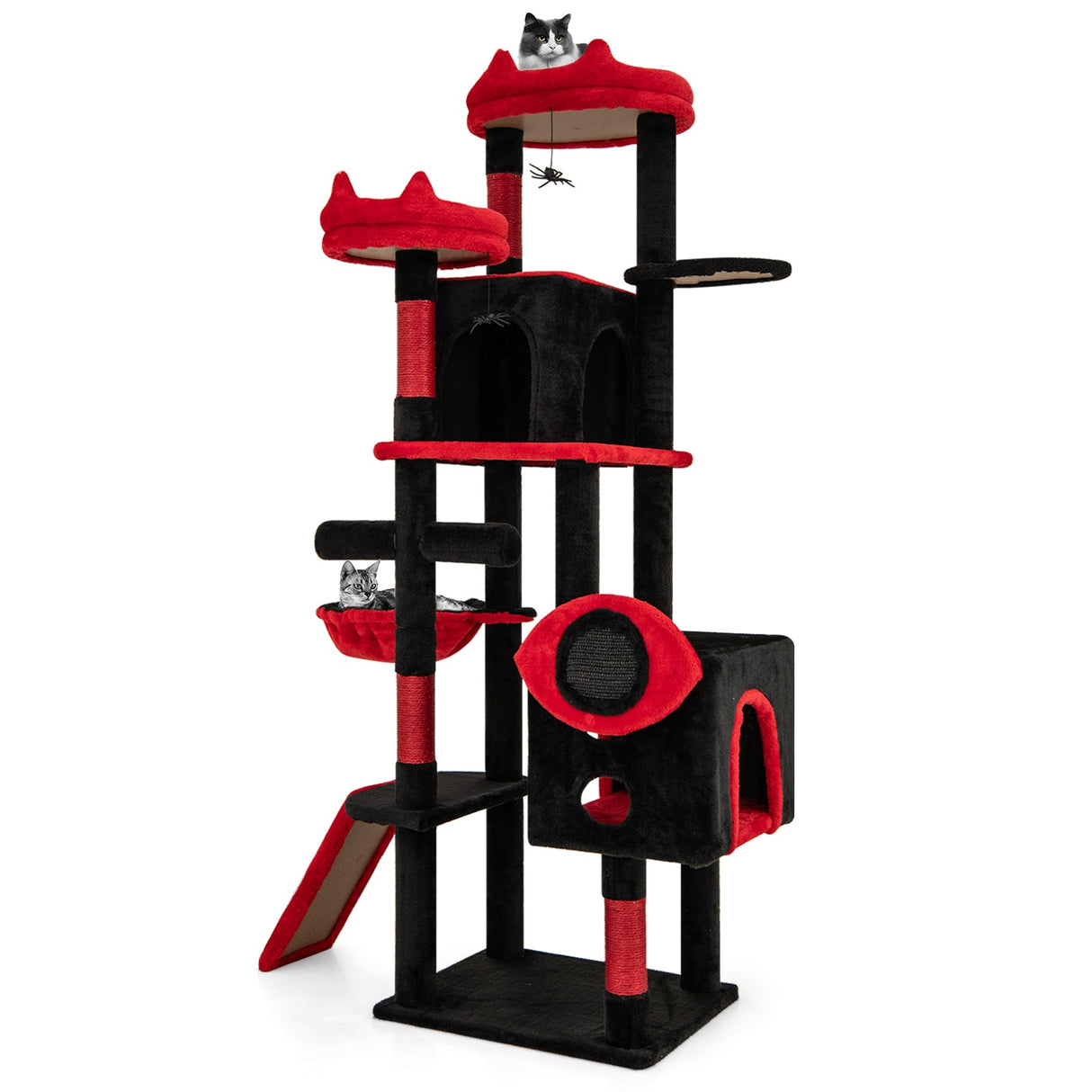 Árbol Rascador Gótico Grande con Condominios para Gatos y Perchas de Peluche-Negro y Rojo