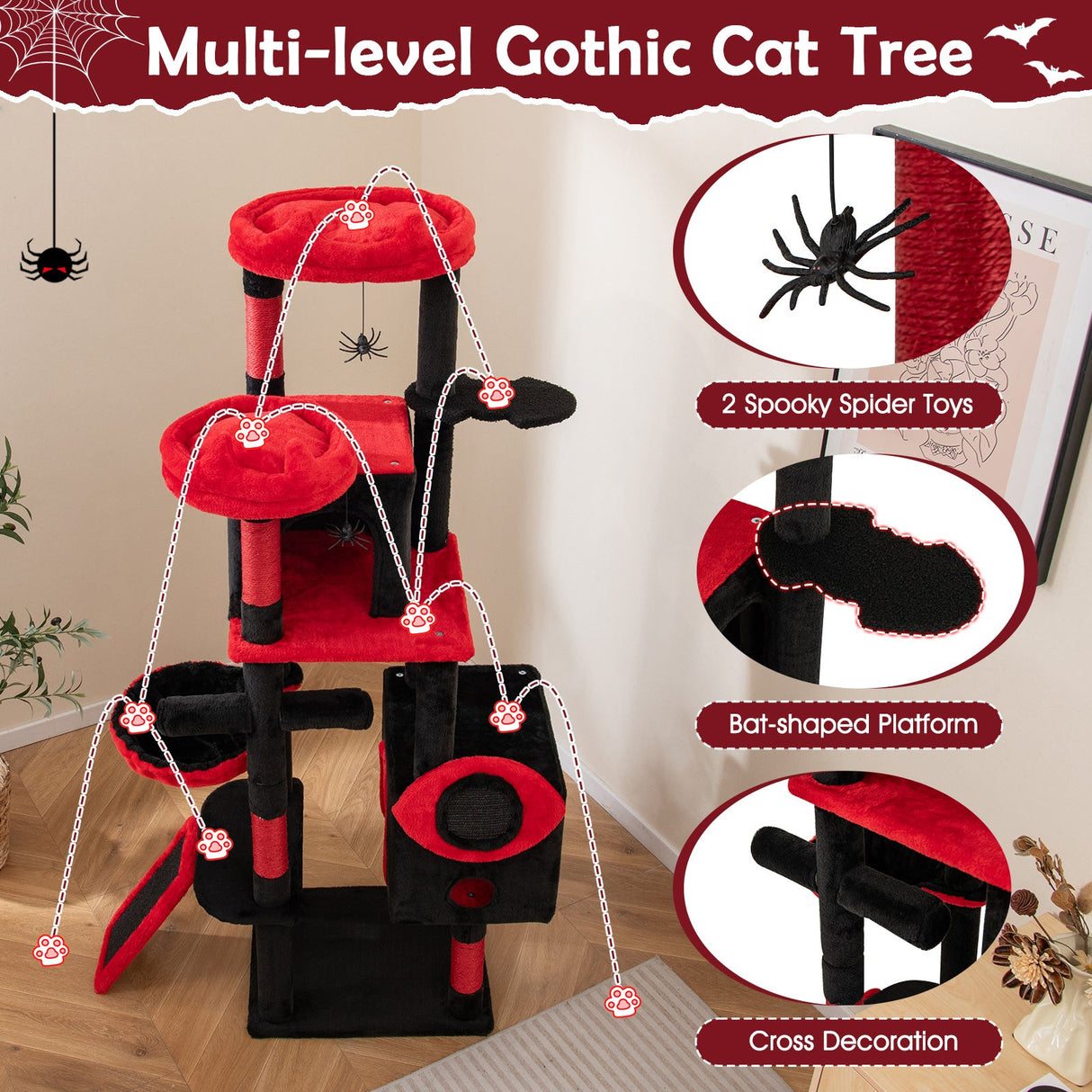 Árbol Rascador Gótico Grande con Condominios para Gatos y Perchas de Peluche-Negro y Rojo