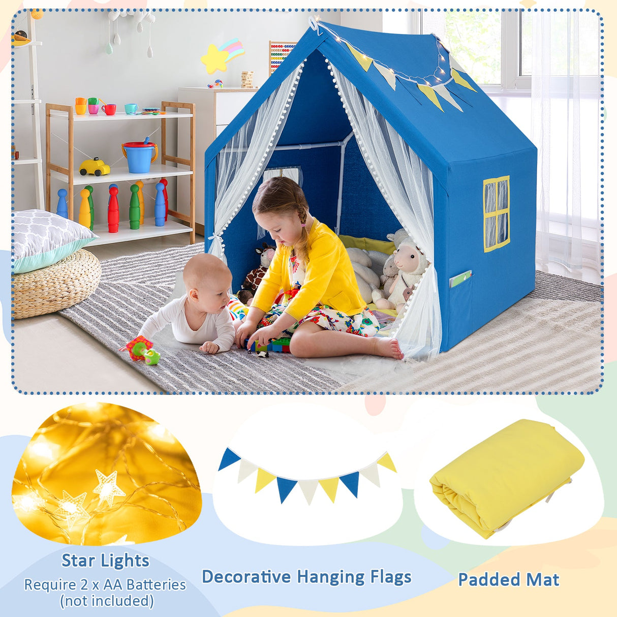 Carpa de juegos grande de 48 x 42 x 50 pulgadas con tapete de algodón lavable, regalo de cumpleaños/vacaciones para niños