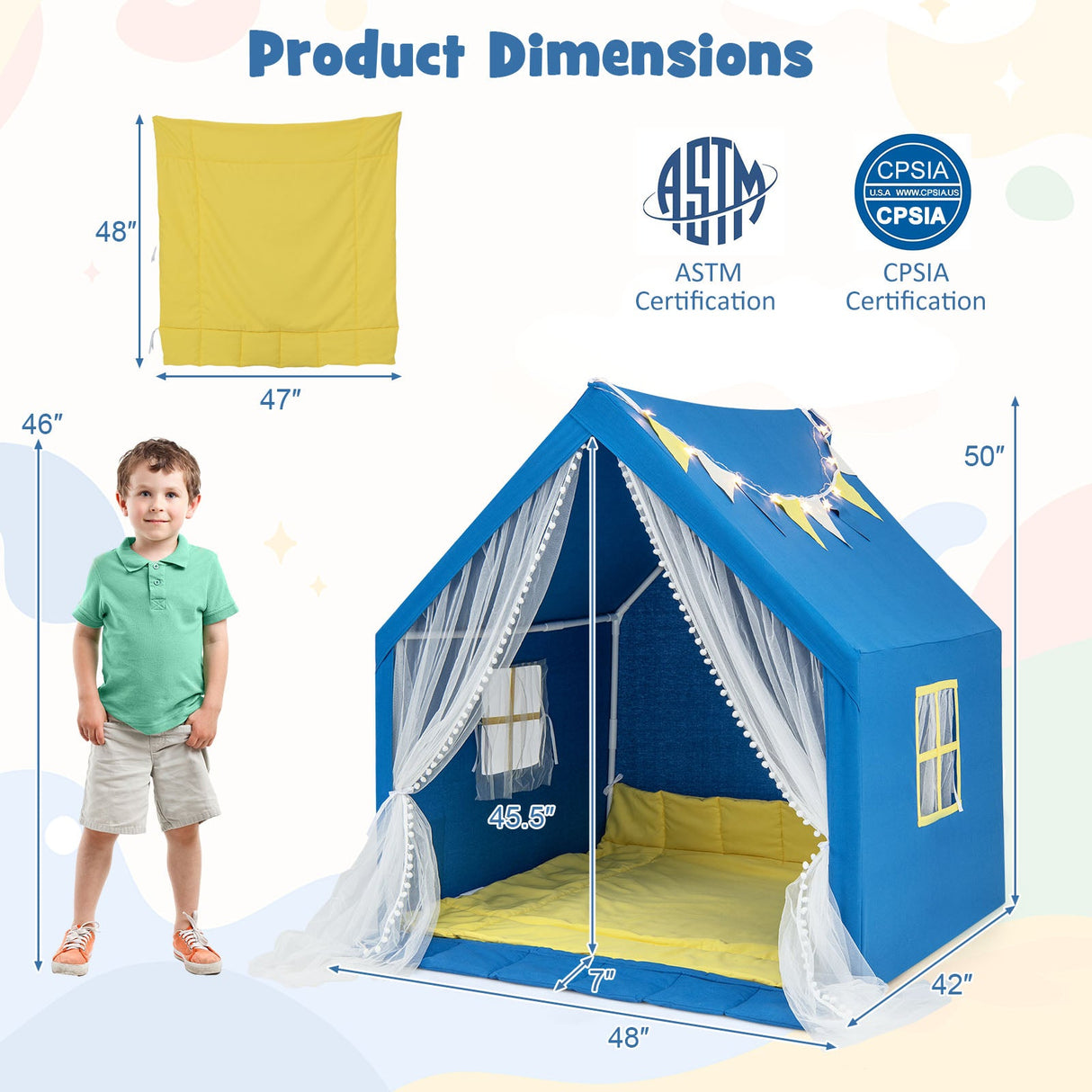 Carpa de juegos grande de 48 x 42 x 50 pulgadas con tapete de algodón lavable, regalo de cumpleaños/vacaciones para niños