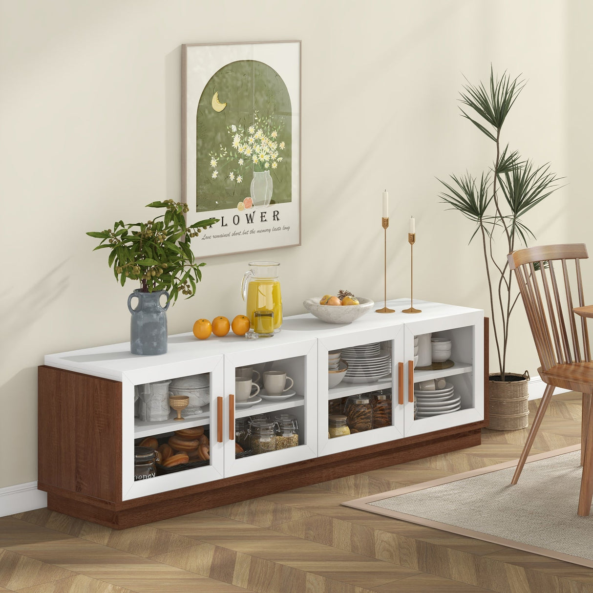 Mueble de TV grande para televisores de hasta 75 pulgadas con 4 puertas de vidrio templado para sala de estar