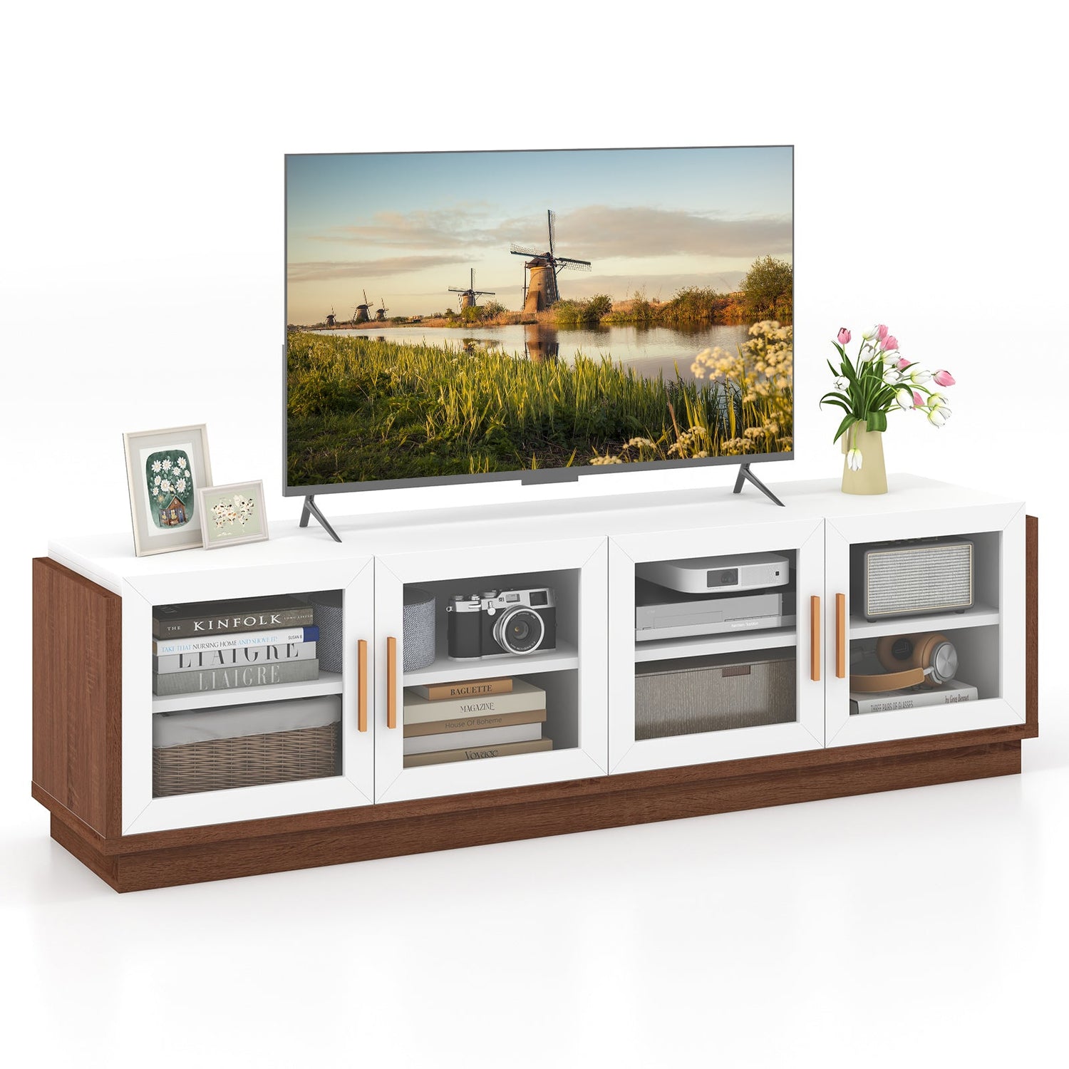 Mueble de TV grande para televisores de hasta 75 pulgadas con 4 puertas de vidrio templado para sala de estar