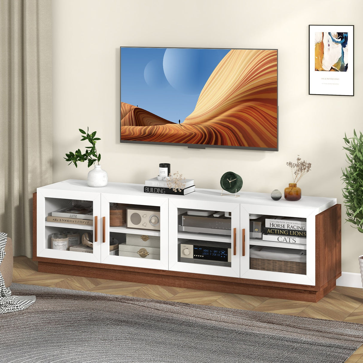 Mueble de TV grande para televisores de hasta 75 pulgadas con 4 puertas de vidrio templado para sala de estar