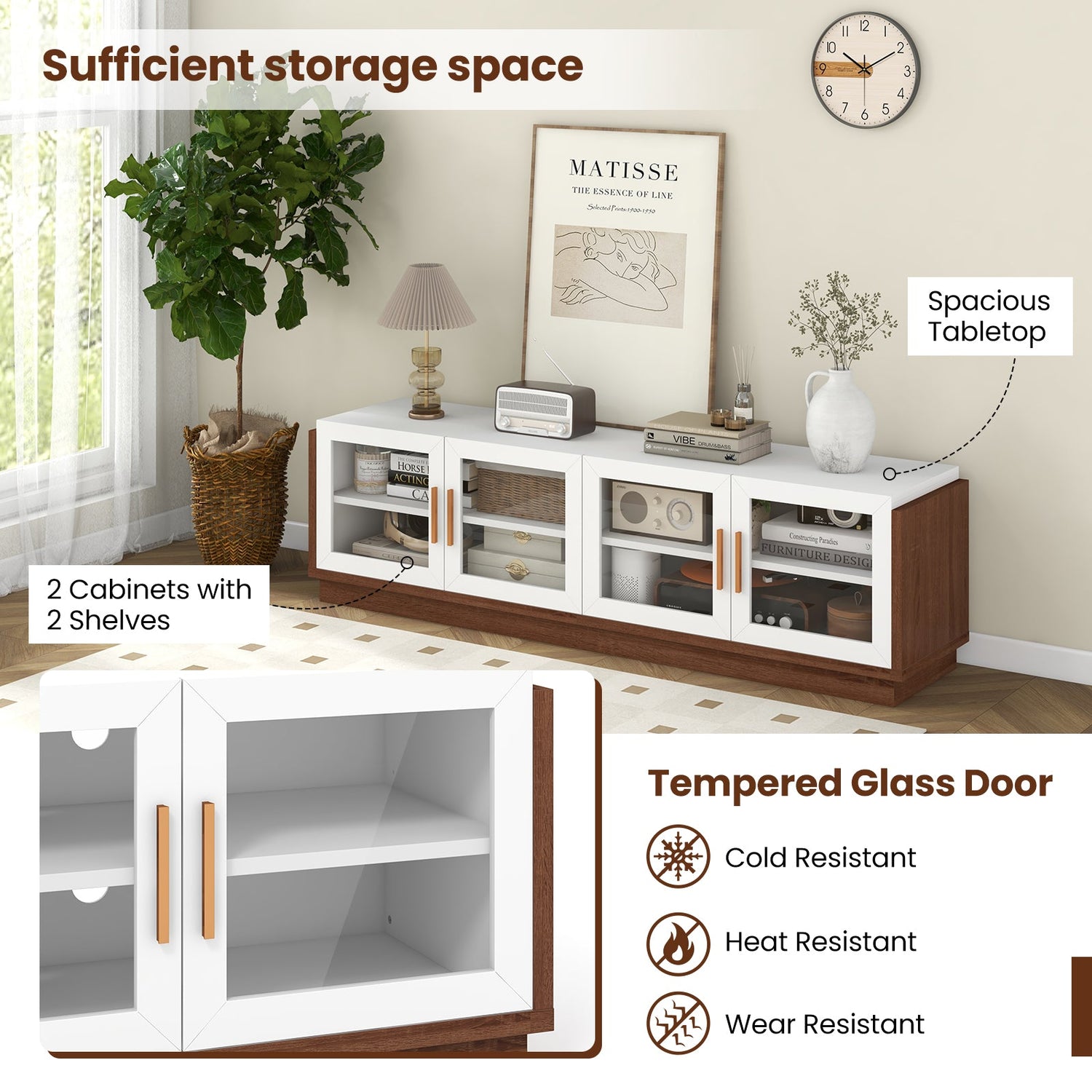 Mueble de TV grande para televisores de hasta 75 pulgadas con 4 puertas de vidrio templado para sala de estar