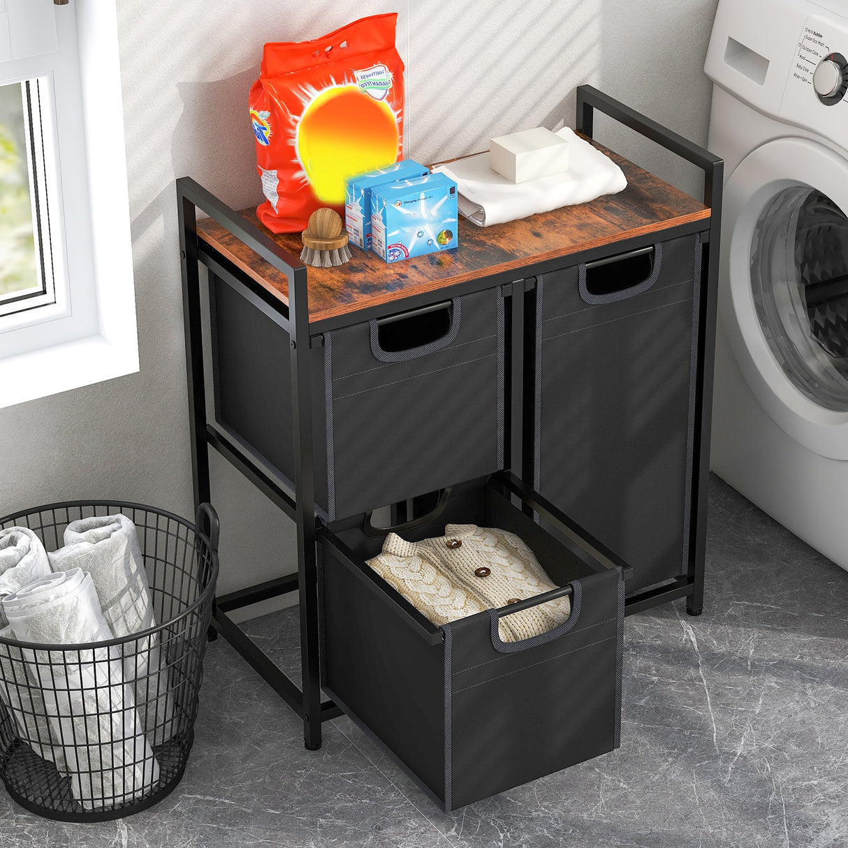 Cesto de ropa sucia organizador con estante y 3 bolsas extraíbles - Marrón rústico
