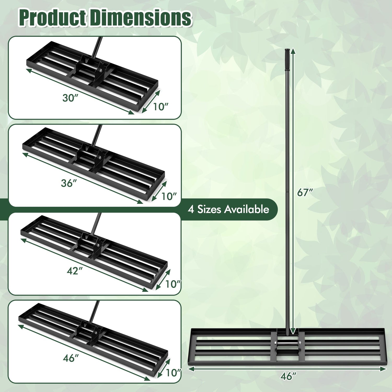 Rastrillo nivelador de césped de 46 x 10 pulgadas, herramienta niveladora de césped de alta resistencia para tierra