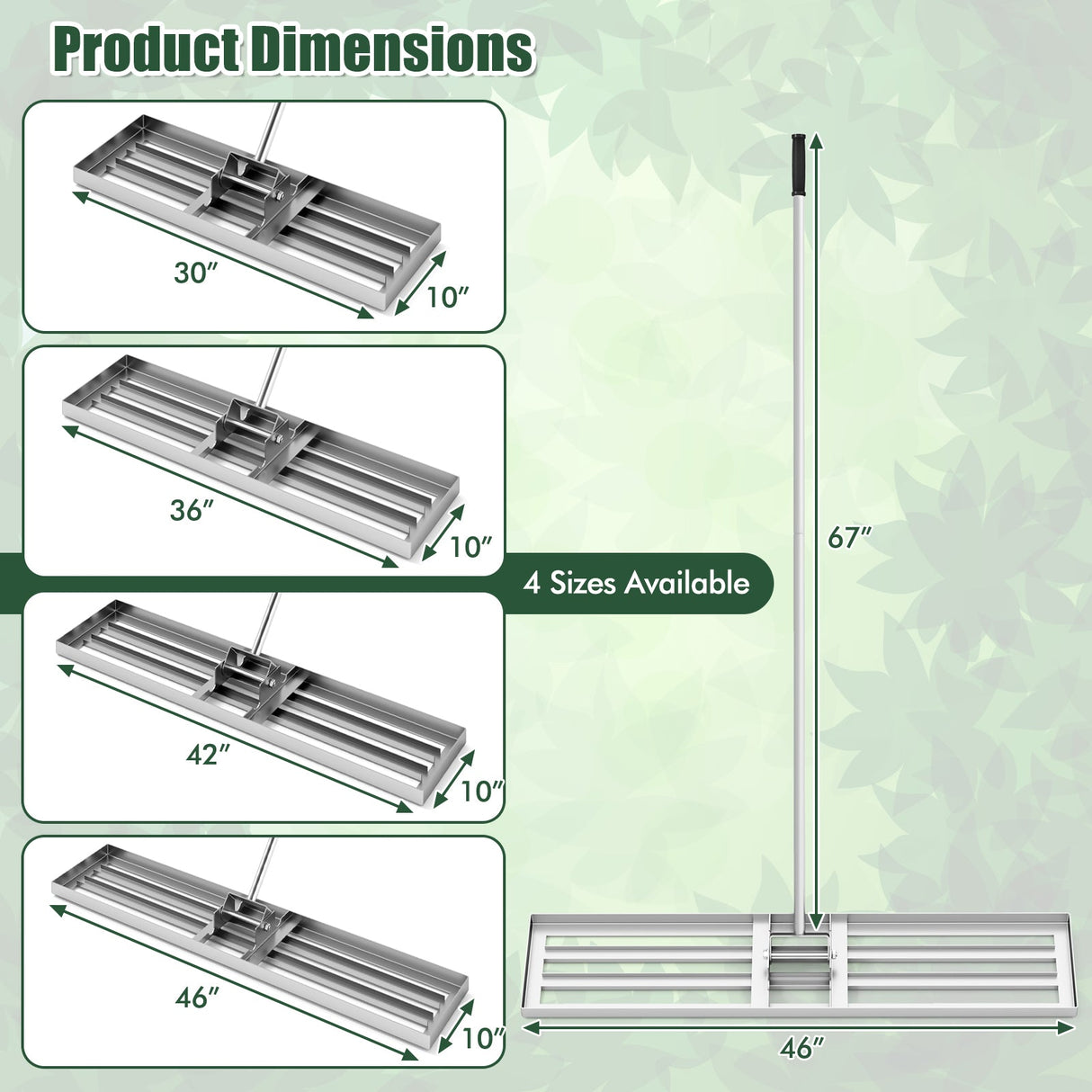 Rastrillo nivelador de césped de 46 x 10 pulgadas, herramienta niveladora de césped de alta resistencia para tierra