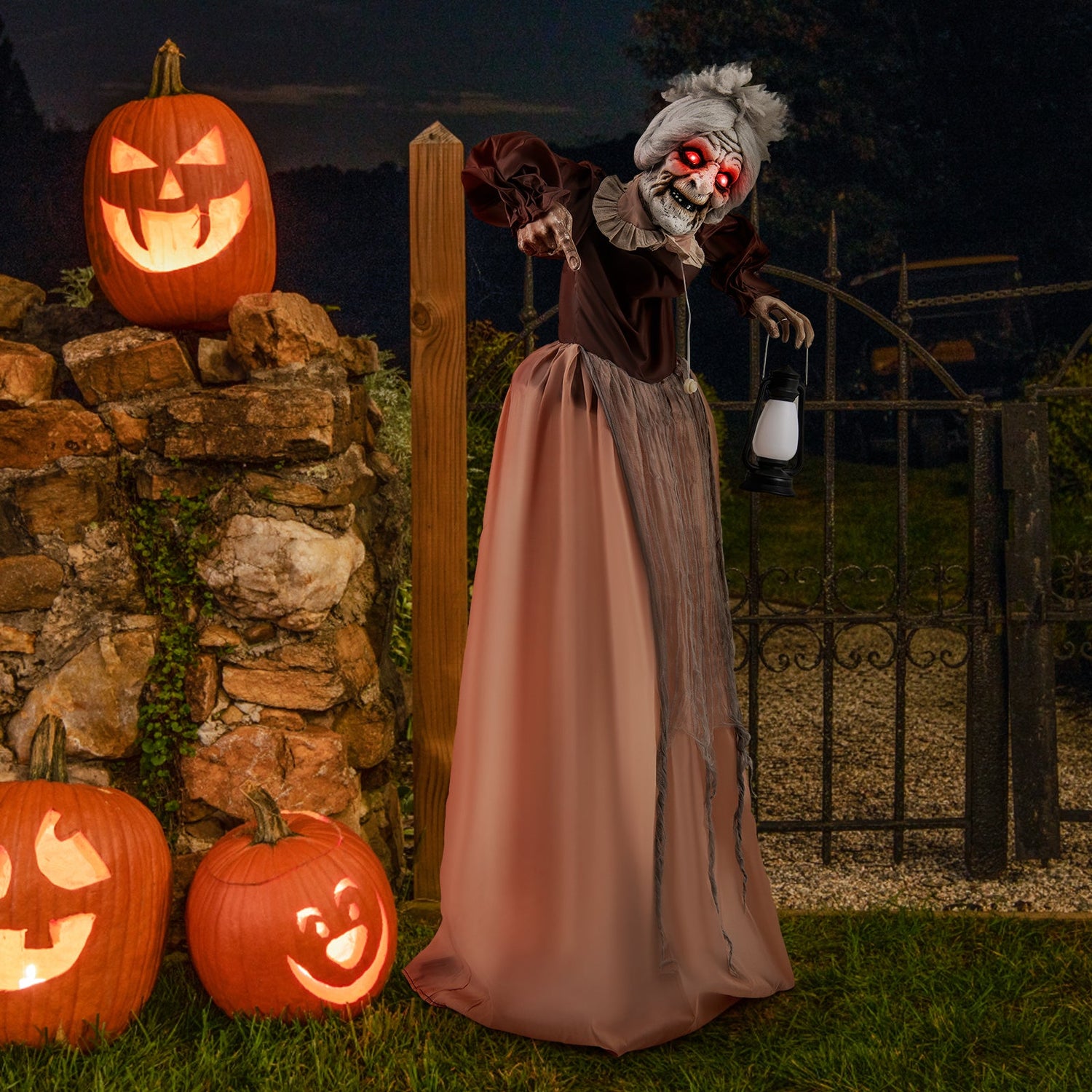 Life-Size Halloween Animatronic Moving and Talking Old Lady Hag Prop