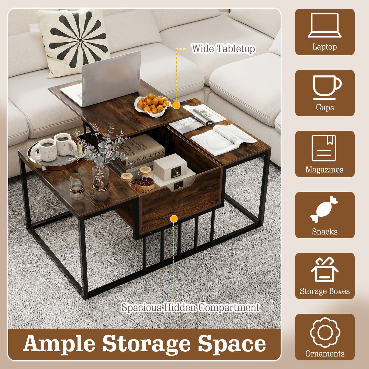 Mesa de centro elevable con compartimento de almacenamiento oculto