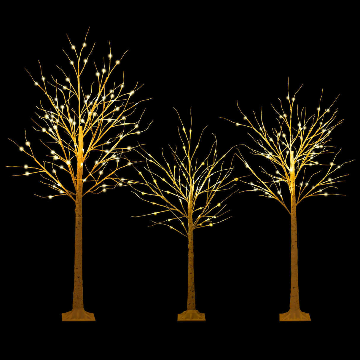 Juego de 3 abedules iluminados de 1,2/1,5/1,8 m, árboles de Navidad artificiales preiluminados para fiestas navideñas