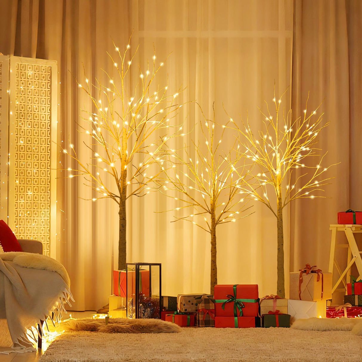 Juego de 3 abedules iluminados de 1,2/1,5/1,8 m, árboles de Navidad artificiales preiluminados para fiestas navideñas