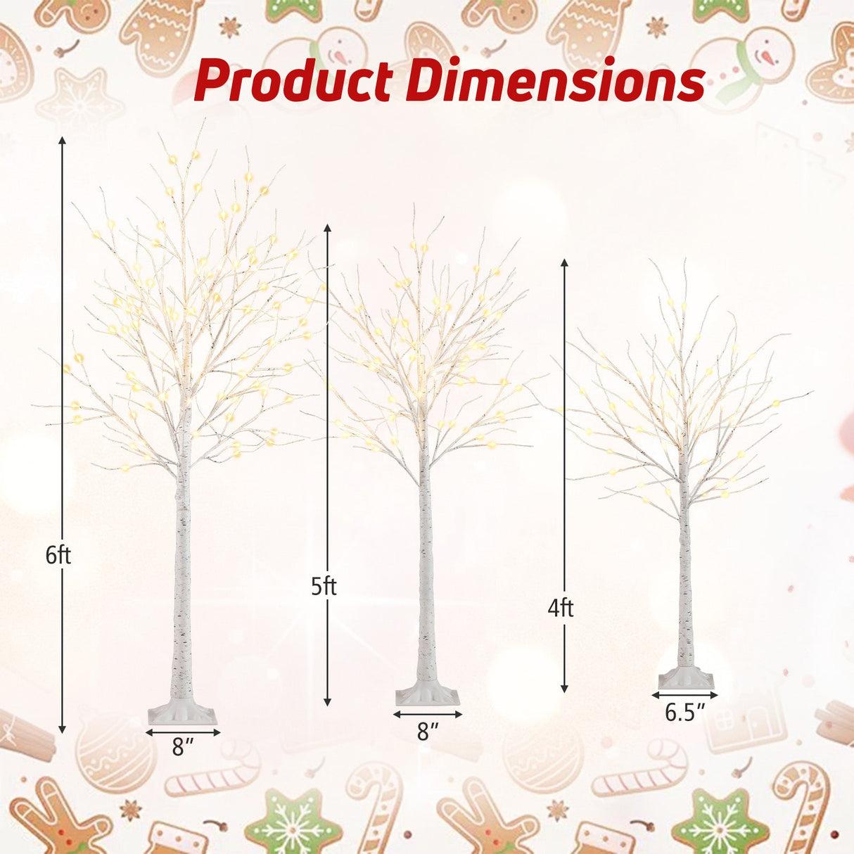 Juego de 3 abedules iluminados de 1,2/1,5/1,8 m, árboles de Navidad artificiales preiluminados para fiestas navideñas
