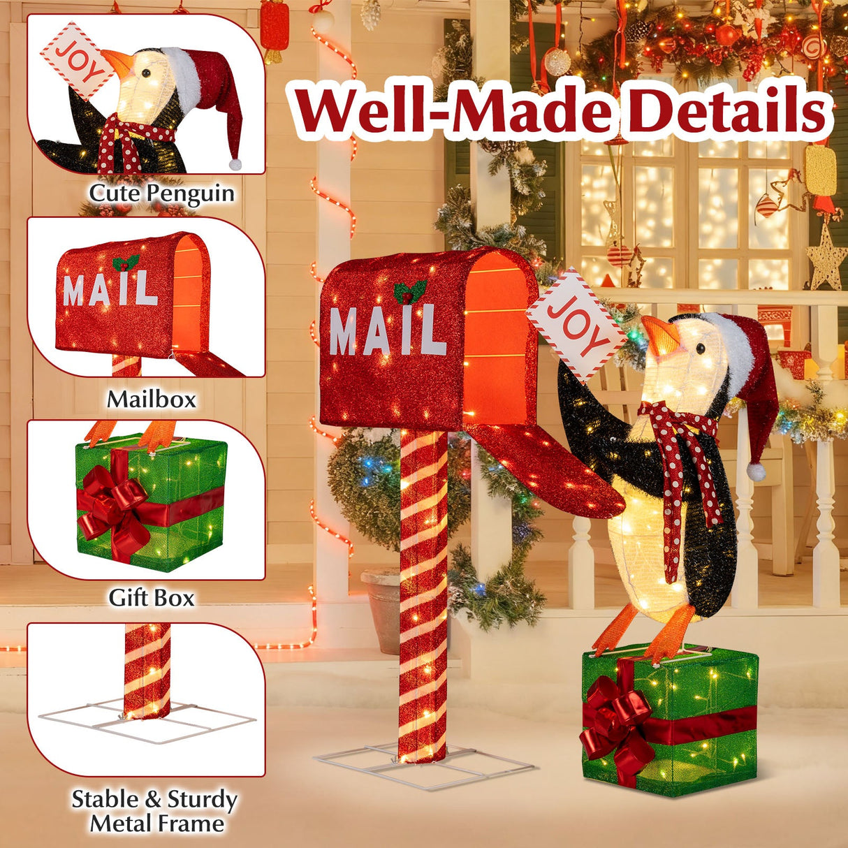 Buzón iluminado y pingüino decorativos navideños, figuras 3D preiluminadas para las fiestas de Navidad