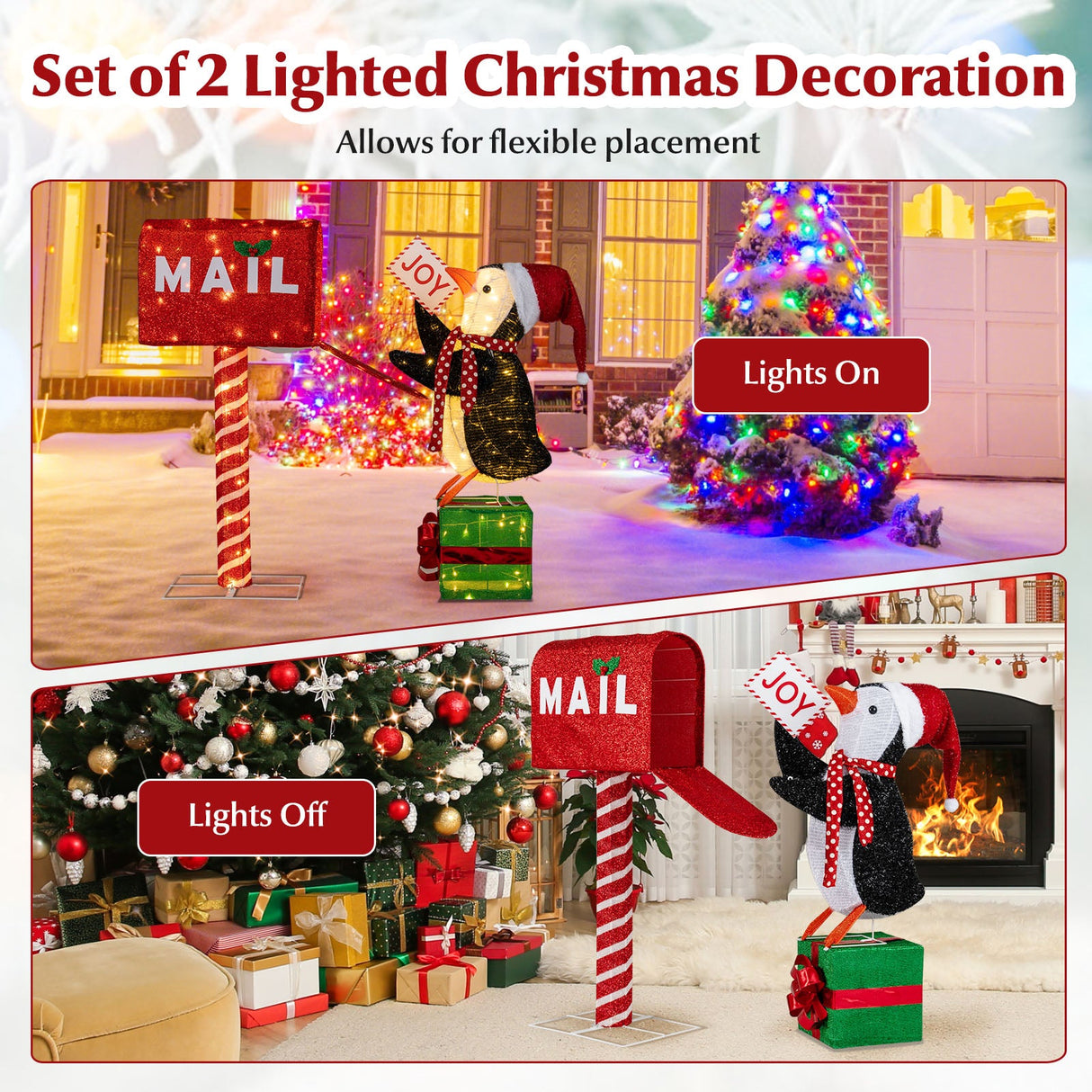 Buzón iluminado y pingüino decorativos navideños, figuras 3D preiluminadas para las fiestas de Navidad