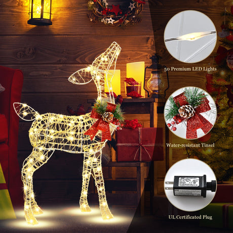 Decoración de reno navideño iluminado de 34.5 pulgadas con 50 luces LED blancas cálidas