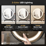 Espejo de vanidad LED redondo de 16 x 16 pulgadas con iluminación de 3 colores y atenuación de brillo