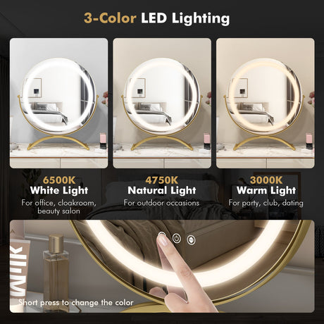Espejo de vanidad LED redondo de 16 x 16 pulgadas con iluminación de 3 colores y atenuación de brillo