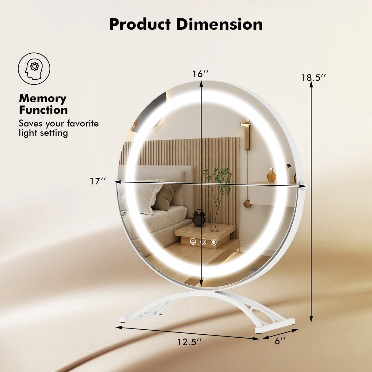 Espejo de vanidad LED redondo de 16 x 16 pulgadas con iluminación de 3 colores y atenuación de brillo