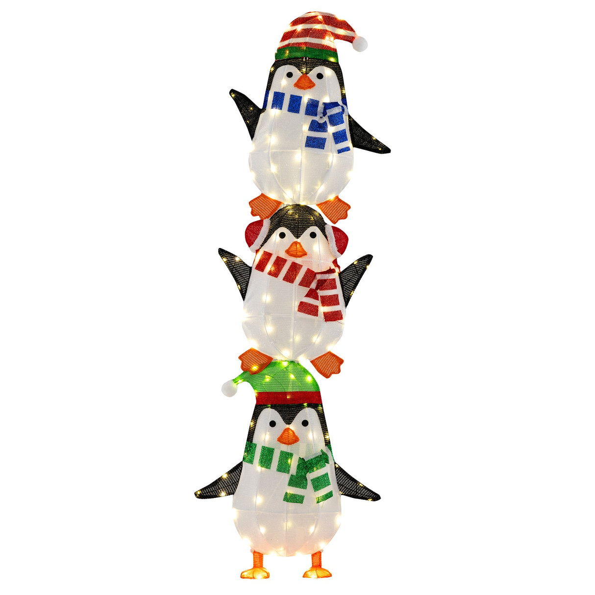 Decoración de pingüinos iluminados con luces blancas cálidas y sombreros bonitos