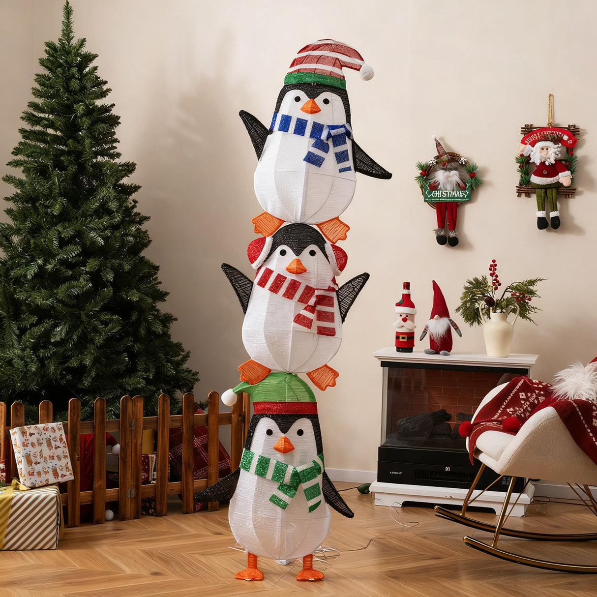 Decoración de pingüinos iluminados con luces blancas cálidas y sombreros bonitos