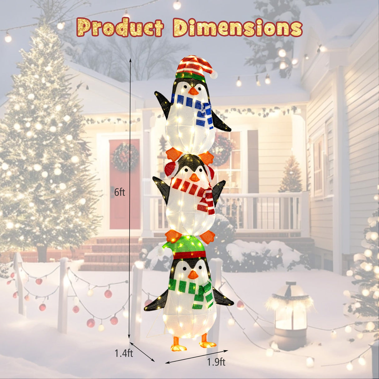 Decoración de pingüinos iluminados con luces blancas cálidas y sombreros bonitos