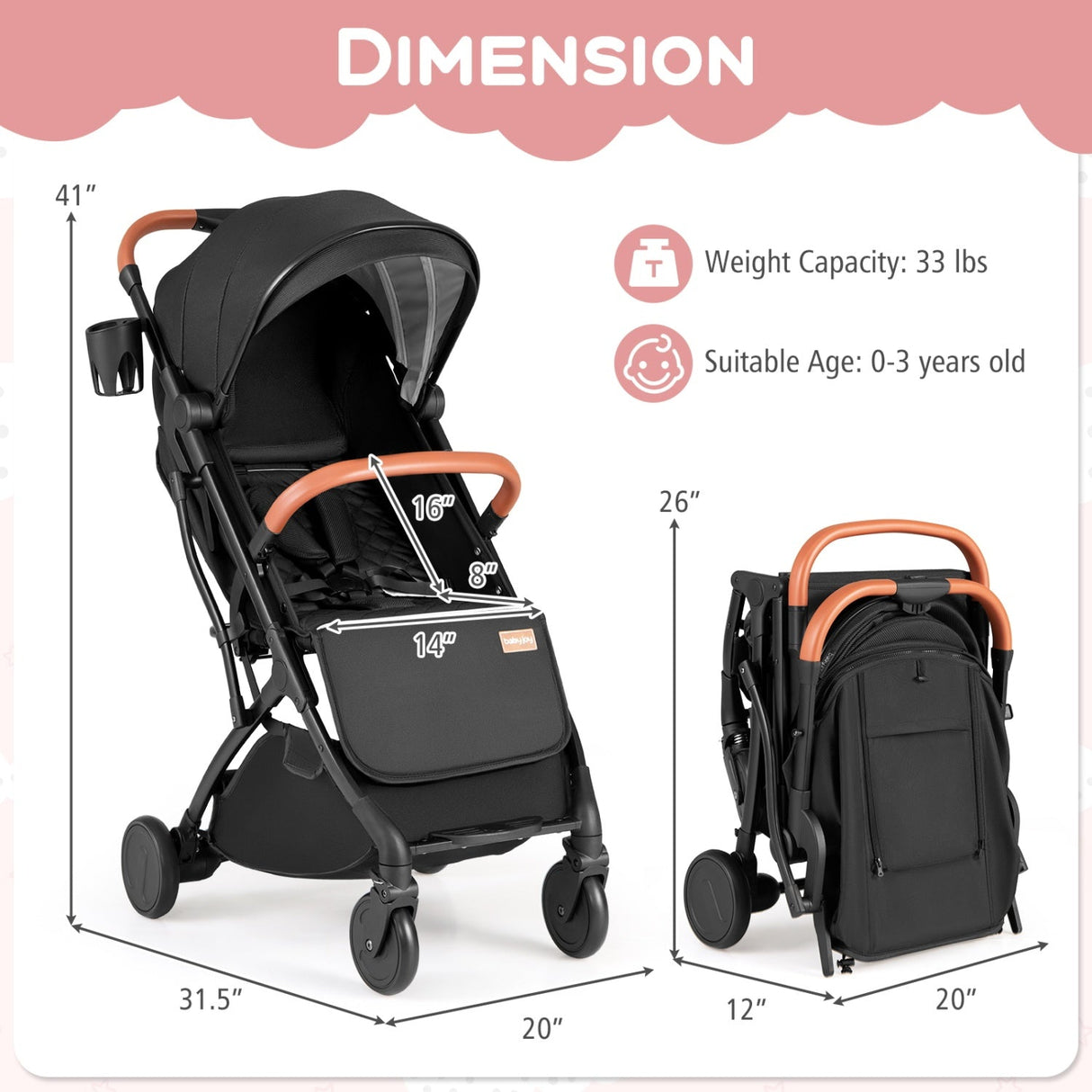 Cochecito de bebé ligero, compacto para viajes, con plegado con una mano