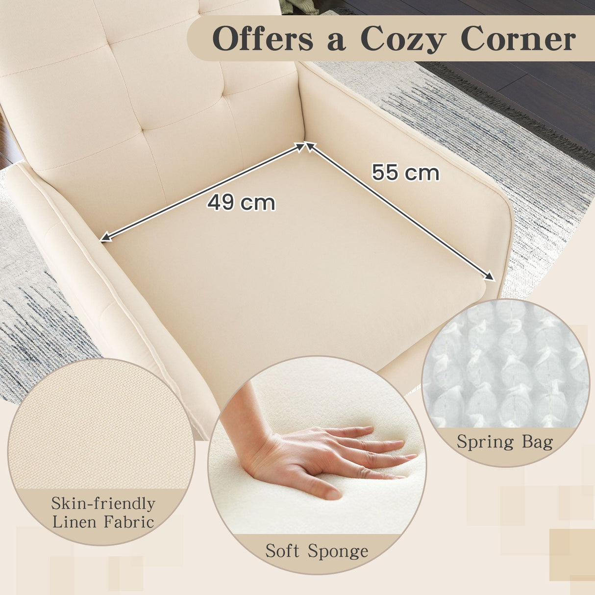 Sillón decorativo de lino con cojín de asiento extraíble