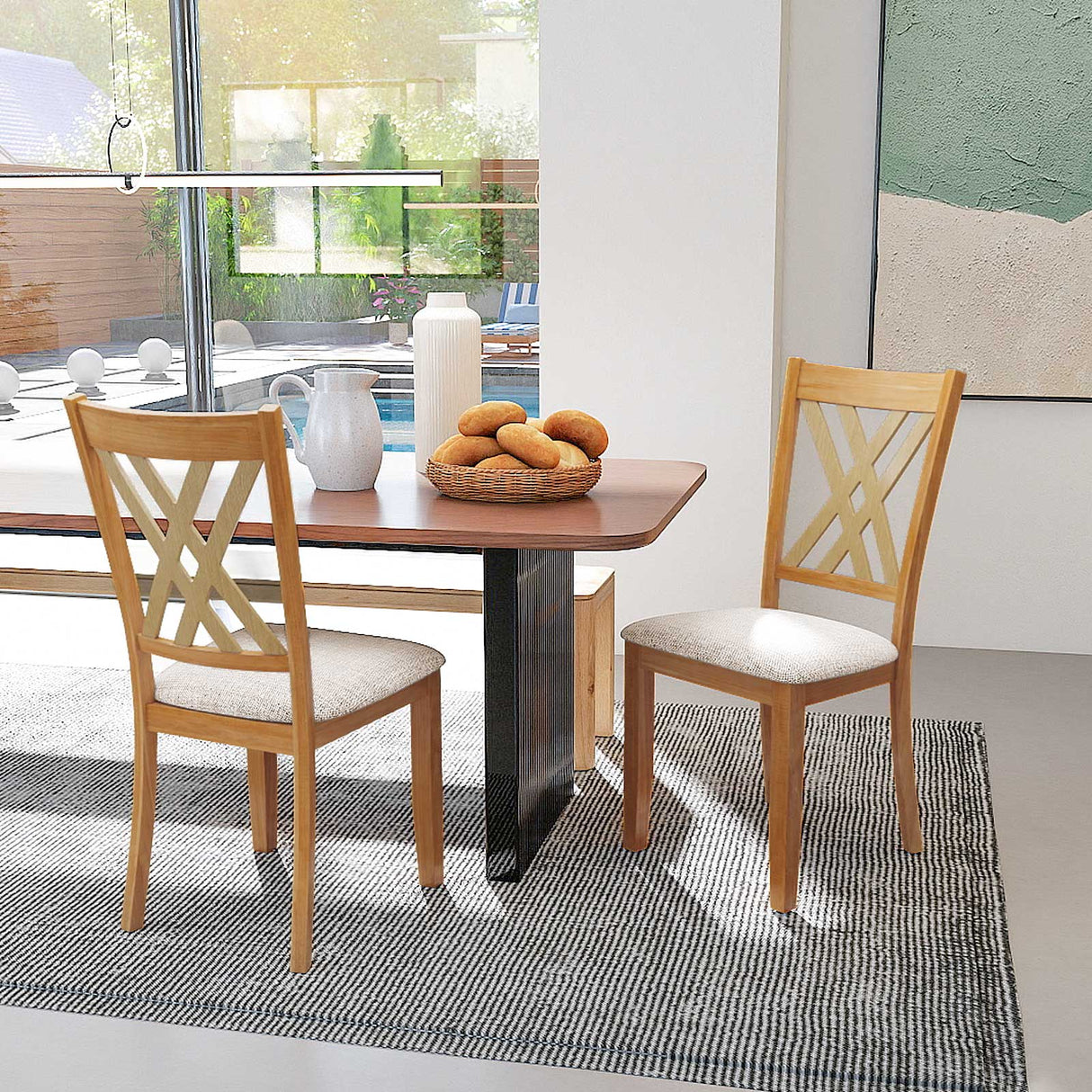 Juego de 2 sillas de comedor de madera tapizadas en tela de lino con estructura de madera de caucho para comedor