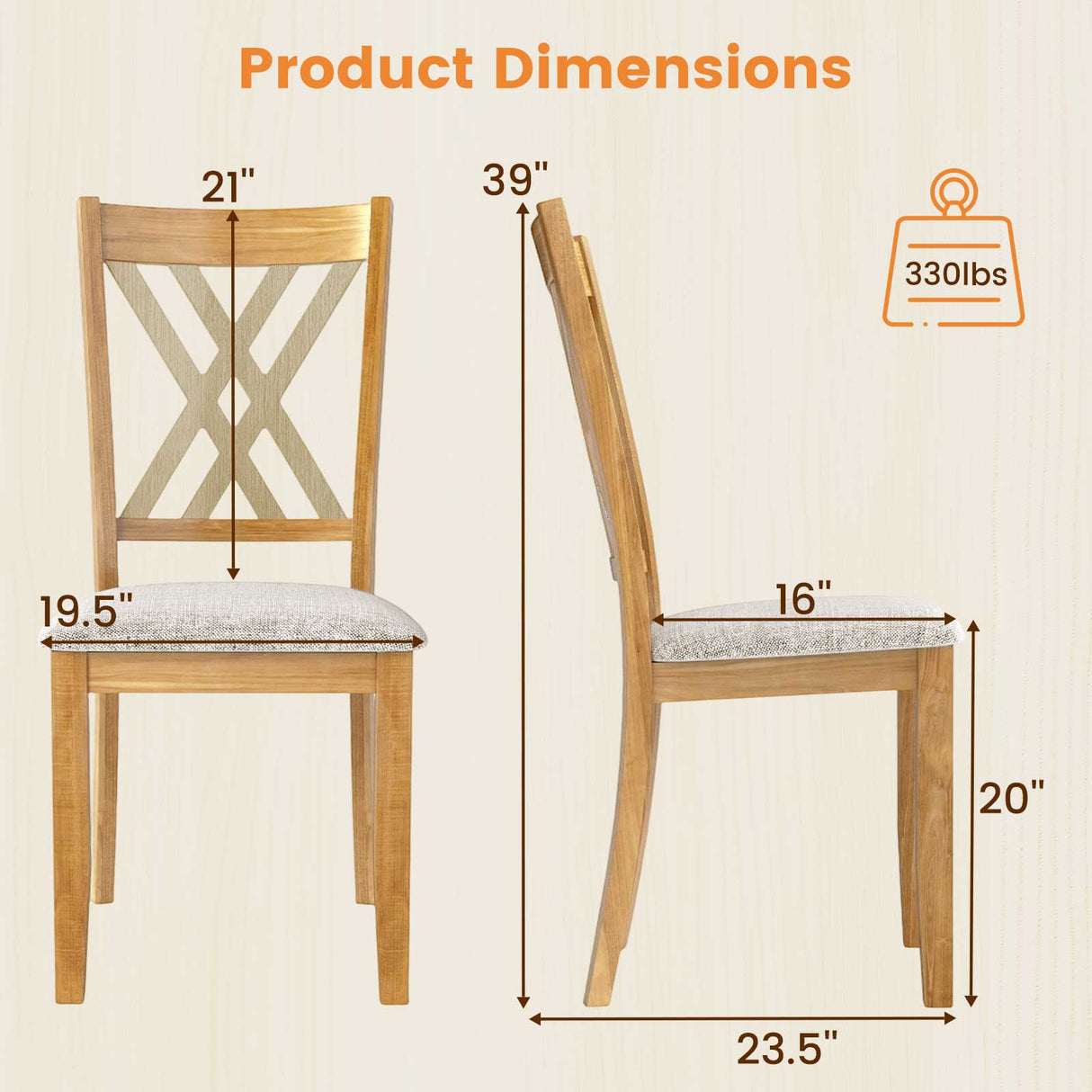 Juego de 2 sillas de comedor de madera tapizadas en tela de lino con estructura de madera de caucho para comedor